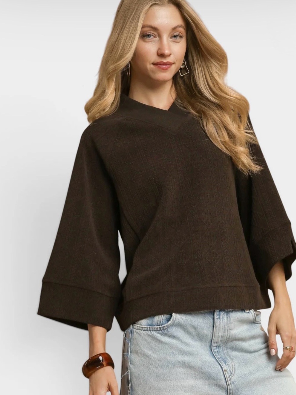 Women's Brown Cable Knit Dolman Sleeve Top